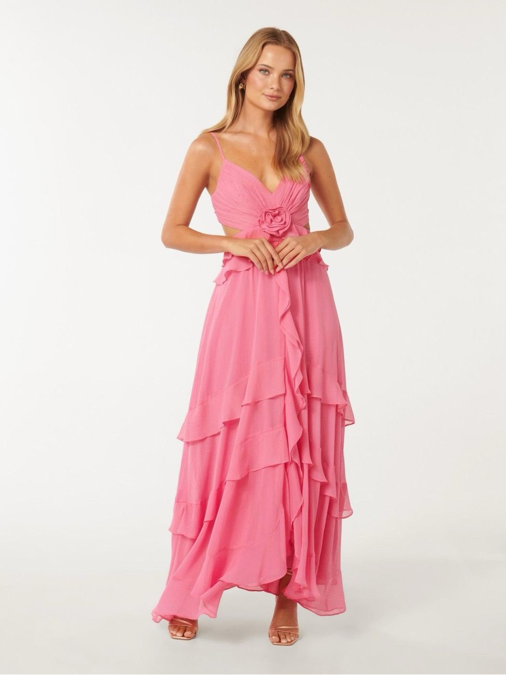 Ever New Pink Ruffled V-Neck Maxi Dress with Floral Waist